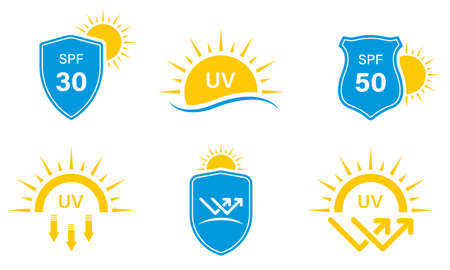 Ultraviolet Protect Silhouette Icon Set. SPF 50 30 Resistant Sunblock Glyph Pictogram. Shield Protection UV Radiation Rays Skin Care Icon. Solar Protection Arrows Sign. Isolated Vector Illustrationのイラスト素材