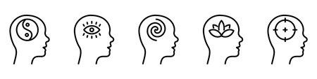 Brain Balance Harmony in Head Line Icon. Illuminati Eye, Target, Lotus Khamsa, Yin Yang Linear...