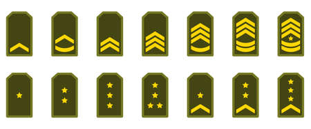 Military Badge Insignia Green Symbol. Army Rank Icon. Chevron Yellow Star and Stripes Logo. Soldier Sergeant, Major, Officer, General, Lieutenant, Colonel Emblem. Isolated Vector Illustrationのイラスト素材