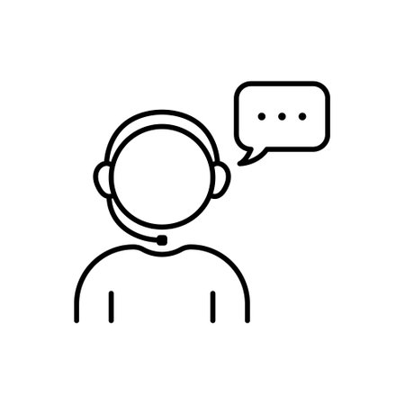 Support Customer Service Line Icon. Online Call Center Agent in Headset Linear Pictogram. Hotline Assistant in Headphone with Speech Bubble Outline Icon. Editable Stroke. Isolated Vector Illustrationのイラスト素材