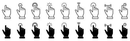Cursor Computer Pointer Sign. Website App Press Tap Link Choice Button Internet Interface Symbol. Hand with Finger Digital Mouse Click Line and Silhouette Icon Set. Isolated Vector Illustrationのイラスト素材
