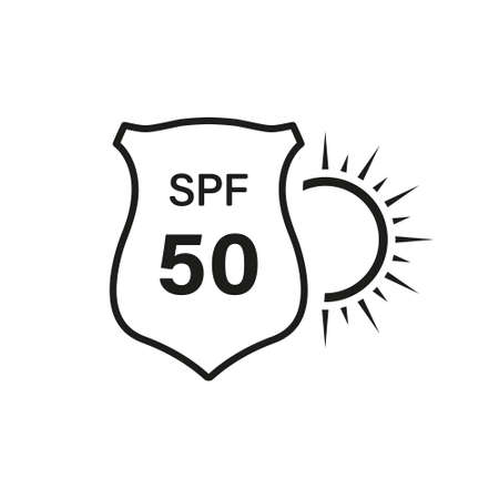 UV Sun Sunscreen Shield Protect Skin Line Icon. SPF 50 Resistant Block Ultraviolet Rays Linear Pictogram. Sunblock Protection Radiation Cream Lotion Outline Icon. Isolated Vector Illustrationのイラスト素材