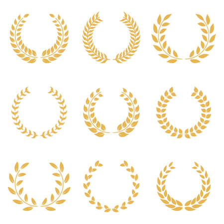 Gold Chaplet Winner Reward Silhouette Icon Set. Golden Laurel Wreath Round Olive Branch on White Background. Glory Foliate Twig Circle Award Emblem Achievement. Isolated Vector Illustrationのイラスト素材
