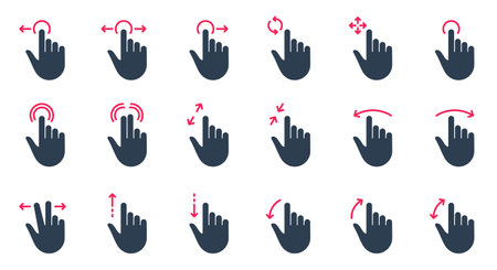 Hand Finger Touch, Swipe and Drag Silhouette Icon Set. Gesture Slide Left and Right Glyph Pictogram. Pinch Screen, Rotate Up on Tablet Computer Mobile Phone Icon. Isolated Vector Illustrationのイラスト素材