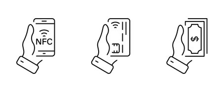 Payment by Mobile Phone, Credit Card, Money Cash Line Icon. Types of Pay Pictogram. Wireless Digital Service, Smartphone Bank Card Cash Outline Icon. Editable Stroke. Isolated Vector Illustrationのイラスト素材