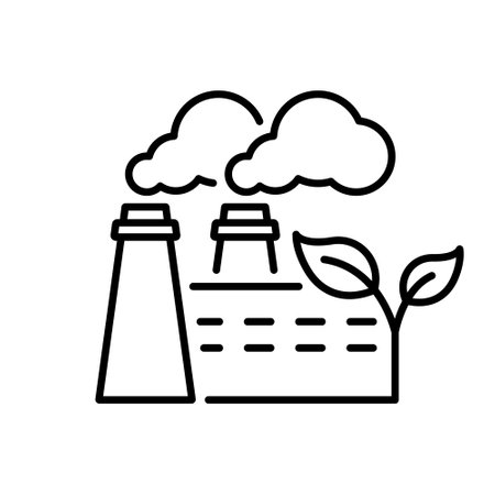 Ecological Industrial Production with Leaf Line Icon. Eco Factory Industry Building Linear Pictogram. Bio Power Station Outline Icon. Ecology Industry. Editable Stroke. Isolated Vector Illustrationのイラスト素材