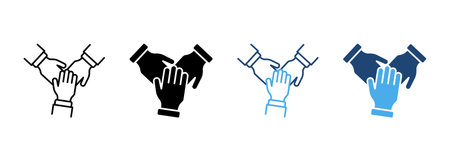 Teamwork Alliance Partnership Help Together Hand Silhouette and Line Icon. Collaboration Group Team...
