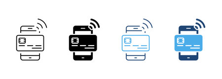 Credit Card with Mobile Phone Wireless Payment Line and Silhouette Icon Set. Electronic Bank Technology Pictogram. Smartphone App for Pay Symbol Collection. Isolated Vector Illustrationのイラスト素材