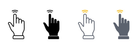 Double Tap Gesture Line and Silhouette Color Icon Set. Hand Cursor of Computer Mouse Pictogram. Pointer Finger Click Press Touch Symbol Collection on White Background. Isolated Vector Illustrationのイラスト素材