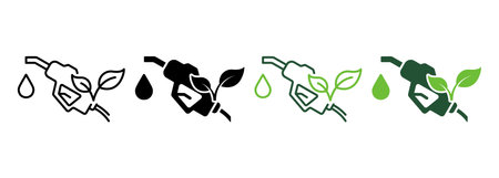 Ecology Gas Station Line and Silhouette Icon Color Set. Fuel Nozzle Eco Power for Transportation Pictogram. Petroleum Energy Pump Symbol Collection on White Background. Isolated Vector Illustrationのイラスト素材
