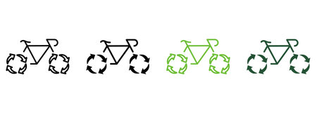 Eco Friendly Transport Line and Silhouette Icon Color Set. Bike with Recycling Wheels Sign. Reusing...