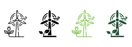 Ecology Windmill Line and Silhouette Icon Color Set. Eco Renewable Green Energy Pictogram. Wind Mill Farm Electric Power Symbol Collection on White Background. Isolated Vector Illustrationのイラスト素材