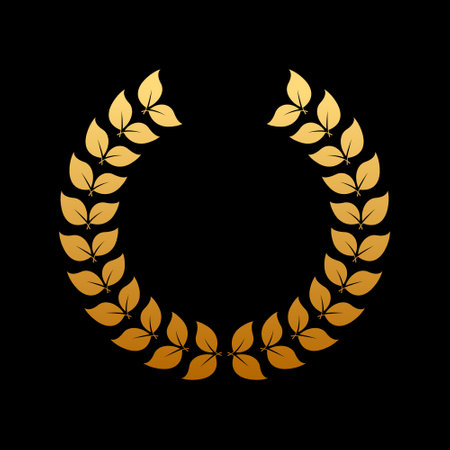 Gold Round Chaplet Reward for Winner Silhouette Icon on Black Background. Golden Laurel Wreath Award. Victory Symbol. Leader Trophy in Olive Leaves Branch Shape. Isolated Vector Illustrationのイラスト素材