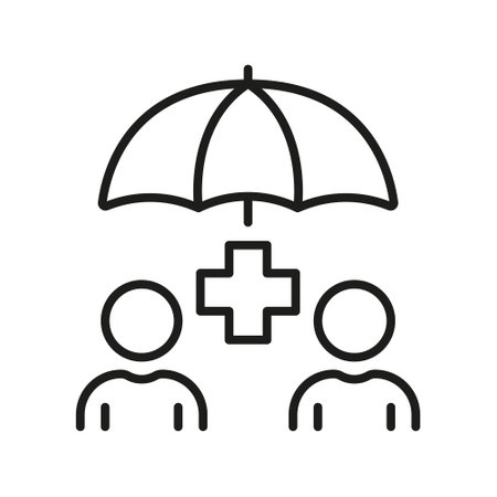 Life Insurance Line Icon. Family Medical Security Under Parasol Pictogram. Umbrella Protect People Insurance Concept Outline Icon. Safe Health Care. Editable Stroke. Isolated Vector Illustrationのイラスト素材