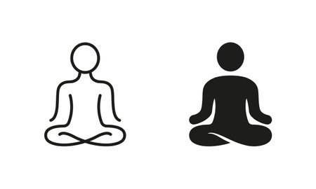 Yoga Position Silhouette and Line Icon Set. Meditate Relax Pictogram. Spiritual Chakra Zen Icon. Calm Aura Galaxy Serenity and Health Body. Editable Stroke. Isolated Vector Illustrationのイラスト素材
