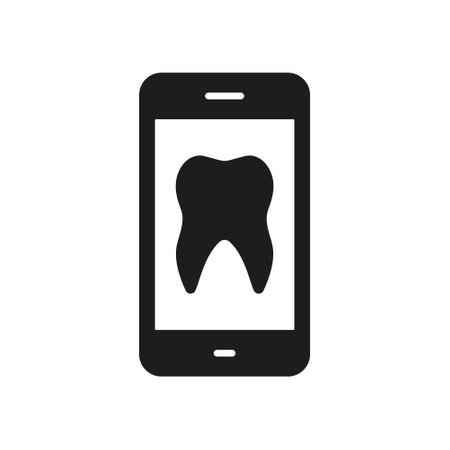 Dentistry Medicine in Mobile Phone Glyph Pictogram. Online Dentist Help in Smartphone Silhouette Icon. Tooth Health Diagnosis, Orthodontic Dental Care Symbol. Isolated Vector Illustrationのイラスト素材