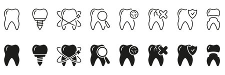 Dental Diagnostic Silhouette and Line Icon Set. Tooth Medical Care Linear and Glyph Pictogram Collection. Dentistry Symbol. Dental Treatment Sign. Editable Stroke. Isolated Vector Illustrationのイラスト素材