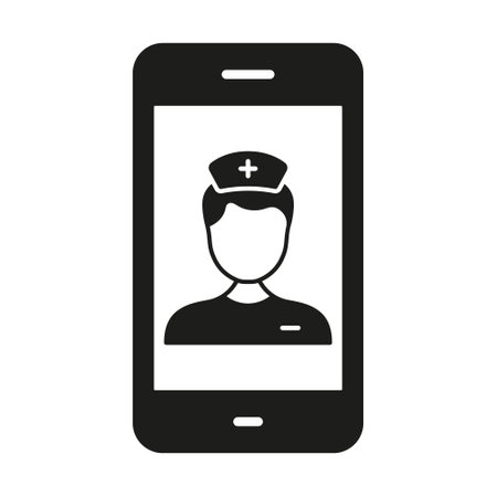 Medicals Service in Smartphone Glyph Icon. Healthcare in Mobile Phone Silhouette Symbol. Physician Online Consultation. Remote Virtual Doctor Man Pictogram. Isolated Vector Illustrationのイラスト素材