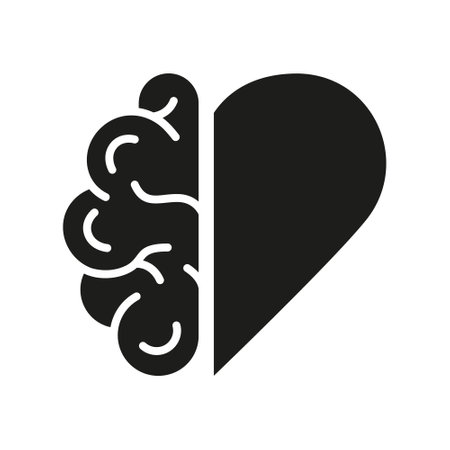 Mental Emotional Health Glyph Pictogram. Healthy Rational Balance Between Heart Love and Brain Icon. Human Brain and Heart Silhouette Icon. Isolated Vector Illustrationのイラスト素材