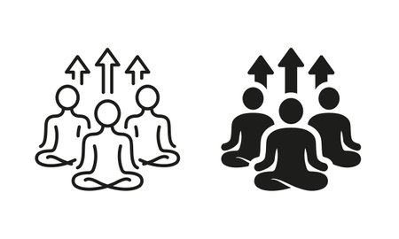 Group Yoga Exercise Class Silhouette and Line Icon Set. Sport Fitness and Meditation People Pictogram. Healthy Lifestyle, Relaxation Workout, Wellness. Editable Stroke. Isolated Vector Illustrationのイラスト素材