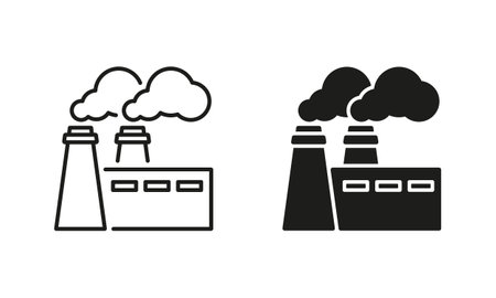 Power Station with Smoke Line and Silhouette Icon Set. Industrial Factory Pictogram. Plant Production Nuclear Pollution Symbol Collection on White Background. Isolated Vector Illustrationのイラスト素材