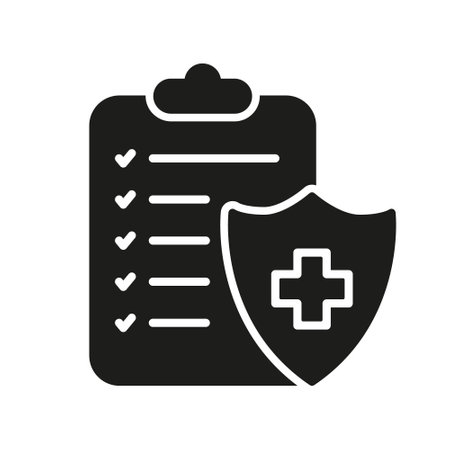 Diagnosis Report Silhouette Icon. Patient Medical Record Glyph Pictogram. Diagnostic Document. Health Information on Clipboard Icon. Checklist Medicals Survey Note. Isolated Vector Illustrationのイラスト素材