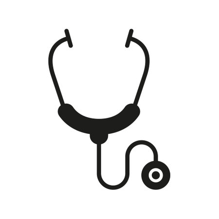 Stethoscope Silhouette Icon. Doctors Instrument Glyph Pictogram. Medical Tool for Heart Illness Diagnosis Icon. Professional Physician Instrument, Health Care Symbol. Isolated Vector Illustrationのイラスト素材