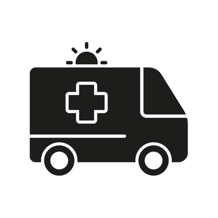 Ambulance Silhouette Icon. Paramedics Transport for First Aid Service Symbol. Emergency Car Glyph Pictogram. Urgent Medical Help Icon. Patient Transportation. Isolated Vector Illustrationのイラスト素材
