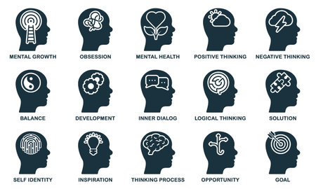 Mental Health Silhouette Icon Set. Psychology Therapy, Emotional Support Glyph Pictogram. Personality Development Solid Sign. Inspiration, Intellectual Process Symbol. Isolated Vector Illustrationのイラスト素材