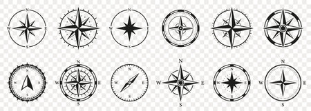 Compass Silhouette Icon Set. Adventure Direction to North, South, West, East Solid Sign. Windrose, Rose Wind Symbol. Navigational Orientation Equipment Glyph Pictogram. Isolated Vector Illustrationのイラスト素材