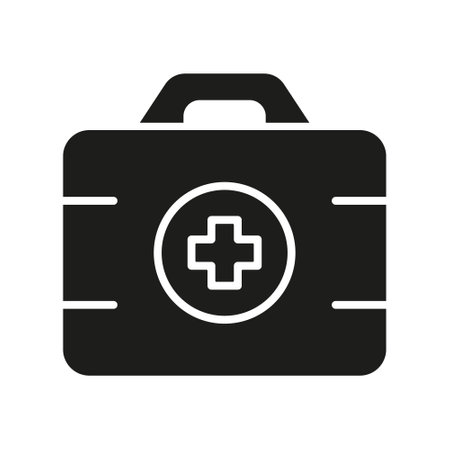 First Aid Kit Silhouette Icon. Medicine Tools Box Glyph Pictogram. Doctors Medical Case Icon. Medication Help Suitcase Sign. Emergency Assistance Symbol. Isolated Vector Illustrationのイラスト素材