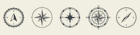 Windrose Silhouette Icon Set. Compass Nautical Navigator Cartography Glyph Pictogram. Rose Wind Navigator Icon. Adventure Direction to North South West East Sign. Isolated Vector Illustrationのイラスト素材