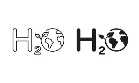 H2O Ecology Line and Silhouette Icon Set. Eco Water Chemistry Formula with Globe and Leaf Symbol Collection on White Background. Aqua with Earth Nature Environment. Isolated Vector Illustrationのイラスト素材