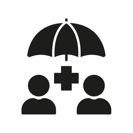 Family Medical Safety Silhouette Icon. Health Insurance Glyph Pictogram. Safe Life by Insurance Service, Umbrella Protect People Concept. Isolated Vector Illustrationのイラスト素材