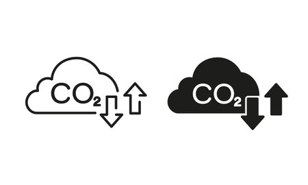 Carbon Dioxide Pollution in Air Line and Silhouette Icon Set. Reduction Greenhouse Pictogram. CO2 with Cloud Emission Gas Symbol Collection on White Background. Isolated Vector Illustrationのイラスト素材