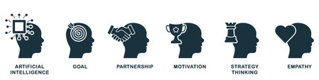 Human Mind Process Silhouette Icon Set. AI, Goals, Motivation, Strategy Thinking Symbols. Mental Health Solid Sign Collection. Emotional Intelligence Glyph Pictogram. Isolated Vector Illustrationのイラスト素材