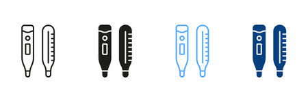 Medical Tool for Temperature Control Pictogram. Thermometer Line and Silhouette Icon Set. Electronic...