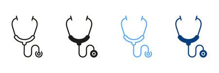 Stethoscope Line and Silhouette Icon Set. Doctors Instrument, Health Care Black and Color Symbol Collection. Medical Tool for Heart Illness Diagnosis Pictogram. Isolated Vector Illustrationのイラスト素材