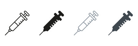 Healthcare Immunization, Vaccination Black and Color Sign. Vaccine Injection Pictogram. Syringe, Needle Line and Silhouette Icon Set. Medicals Symbol Collection. Isolated Vector Illustrationのイラスト素材