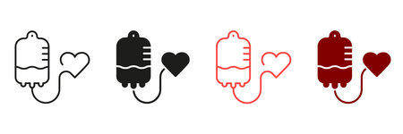 Blood Transfusion Line and Silhouette Icon Set. Medical Iv Drip Pictogram. Intravenous Bag for Plasma Donation Sign. Emergency Medicine Black and Color Symbol Collection. Isolated Vector Illustrationのイラスト素材