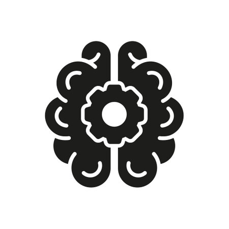 Smart Innovation Solid Pictogram. Human Brain with Gear Black Silhouette Icon, Engineering Concept. Technical Solution Symbol on White Background. Isolated Vector Illustrationのイラスト素材