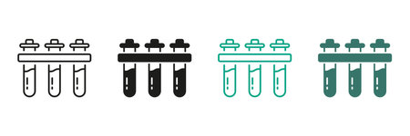 Test Tubes Line and Silhouette Icon Set. Chemistry Beaker Black and Color Symbol Collection. Medical Laboratory Sample Pictogram. Chemical Experiment, Glass Flask Sign. Isolated Vector Illustrationのイラスト素材