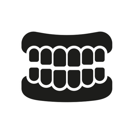 Human Jaw Anatomy with Teeth Silhouette Icon. False Tooth, Teeth Prosthesis Glyph Pictogram. Healthy Smile, Oral Hygiene. Dentistry Symbol. Dental Treatment Sign. Isolated Vector Illustrationのイラスト素材