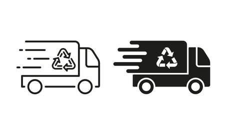 Fast Garbage Truck with Recycle Line and Silhouette Icon Set. Vehicle Transport for Waste. Ecology Trash Transportation Service Symbol Collection on White Background. Isolated Vector Illustrationのイラスト素材