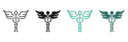 Pharmacy Emblem, Hospital Black and Color Pictogram. Pharmaceutical Healthcare Symbol Collection. Caduceus Sign. Caduceus Greek Insignia Line and Silhouette Icon Set. Isolated Vector Illustrationのイラスト素材
