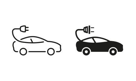 Electric Car with Plug Line and Silhouette Icon Set. Hybrid Eco Auto Transport. Electricity Energy Car Symbol Collection on White Background. Ecology Automobile Sign. Isolated Vector Illustrationのイラスト素材