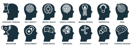 Human Mind Process Silhouette Icon Set. Emotional Intelligence Glyph Pictogram. Mental Health Solid Sign. Think about Development, Intellectual Process Symbols. Isolated Vector Illustrationのイラスト素材