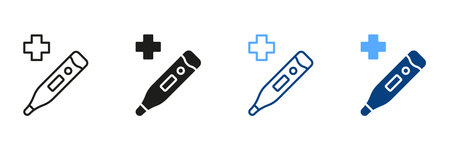 Medical Tool for Temperature Control Black and Color Pictogram. Healthcare Instrument. Thermometer Line and Silhouette Icon Set. Electronic Thermometer Symbol Collection. Isolated Vector Illustrationのイラスト素材