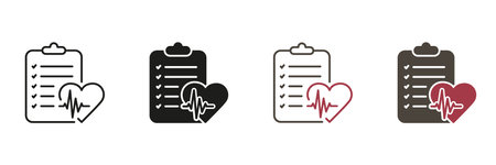 Diagnosis Report Line and Silhouette Icon Set. Health Information on Clipboard, Hospital Note, Diagnostic Document. Medical Record Black and Color Symbol Collection. Isolated Vector Illustrationのイラスト素材