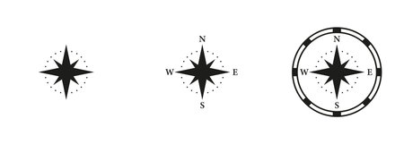 Adventure Equipment, Compass Silhouette Icon Set. GPS for Travel. Rose Wind Symbol. North, South, West, East Navigation Glyph Pictogram. Journey Navigator Solid Sign. Isolated Vector Illustrationのイラスト素材
